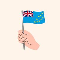Cartoon Hand Holding Tuvaluan Flag, Simple Design. Flag of Tuvalu, Oceania, Concept Illustration, Isolated Flat Drawing vector