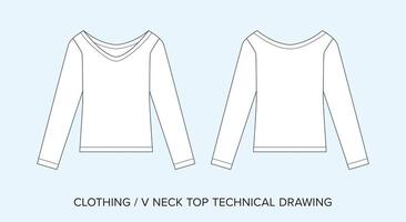 cuello en v arriba, técnico dibujo, vestir Plano para Moda diseñadores vector