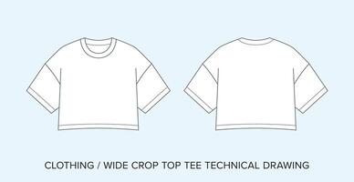 Wide Crop Top Tee, Technical Drawing, Apparel Blueprint for Fashion Designers vector