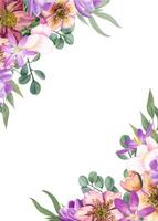 Watercolor vertical frame of hellebores, crocuses, eucalyptus. Illustration of spring flowers, green leaves for the design of greetings. vector