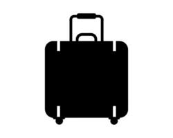 Black rolling suitcase silhouette isolated on white surface. Silhouette of a wheeled luggage bag. Concept of travel, tourism, vacation, business trips, and luggage portability. Graphic illustration vector