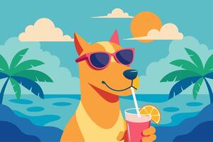 Happy dog with sunglasses with tropical cocktail. Cheerful pet in a summer beach setting. Concept of summer fun, pet leisure, vacation vibes, refreshing drinks. Print. Design. Graphic art vector