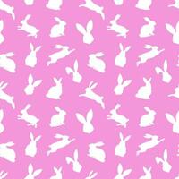 Easter seamless pattern of white rabbit silhouettes in different actions. Festive Easter bunnies design. Isolated on pink background. For Easter decoration, wrapping paper, greeting, textile, print vector