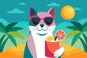 Cat in sunglasses enjoying fruit cocktail in tropical setting. Smiling Feline with soft drink. Concept of summer vibes, refreshing drink, exotic beverage, vacation. Design. Print. Art vector