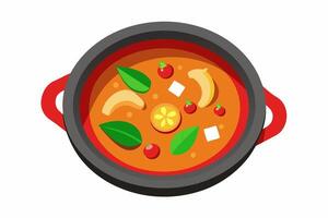 Thai Tom Yum soup with prawns, mushrooms, fresh herbs. Aromatic spicy broth. Concept Asian culinary, Thai cuisine, exotic dining, traditional dish. Graphic art. Isolated on white. Top view vector