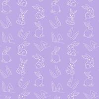 Seamless pattern of hand-drawn rabbits and ears. Festive Easter bunnies design. Continuous one line drawing. Isolated on purple backdrop. Easter decoration, wrapping paper, greeting, textile, print vector