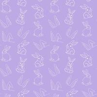 Seamless pattern of hand-drawn rabbits and ears. Festive Easter bunnies design. Continuous one line drawing. Isolated on purple backdrop. Easter decoration, wrapping paper, greeting, textile, print vector