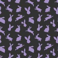 Easter seamless pattern of purple rabbit silhouettes in different actions. Festive Easter bunnies design. Isolated on black background. For Easter decoration, wrapping paper, greeting, textile, print vector