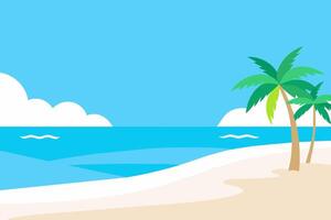 Tropical beach landscape with palm trees and ocean view. Serene coastal scene. Concept of travel, summer vacation, and peaceful beaches. Graphic illustration vector