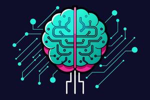 Futuristic brain in neon colors. Glowing brain in network setting. Concept of artificial intelligence, human intelligence, brainpower. Isolated on dark blue background. Print. Design. Graphic art vector