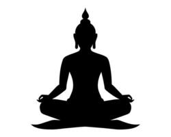 Black Silhouette of Buddha in lotus position isolated on white backdrop. Graphic illustration. Buddhist meditation icon. Concept of Zen practice, religious, meditation, Buddhism vector