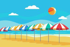 Colorful beach umbrellas lined up on a sandy beach with clear blue skies and bright sunlight. Concept of beach resort, summer vacation, sun protection, and leisure. Graphic art vector