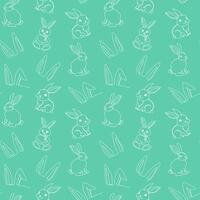 Seamless pattern of hand-drawn rabbits and ears. Festive Easter bunnies design. Continuous one line drawing. Isolated on green backdrop. For Easter decoration, wrapping paper, greeting, textile, print vector