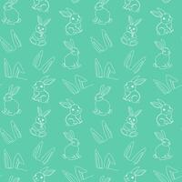 Seamless pattern of hand-drawn rabbits and ears. Festive Easter bunnies design. Continuous one line drawing. Isolated on green backdrop. For Easter decoration, wrapping paper, greeting, textile, print vector