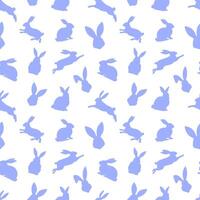 Easter seamless pattern of blue rabbit silhouettes in different actions. Festive Easter bunnies design. Isolated on white background. For Easter decoration, wrapping paper, greeting, textile, print vector