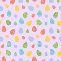 Seamless pattern of colorful Easter eggs with hand-drawn details. Continuous one line drawing. Isolated on purple backdrop Festive design. Easter decoration, wrapping paper, greeting, textile, print vector