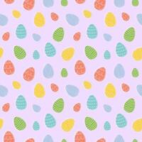 Seamless pattern of colorful Easter eggs with hand-drawn details. Continuous one line drawing. Isolated on purple backdrop Festive design. Easter decoration, wrapping paper, greeting, textile, print vector