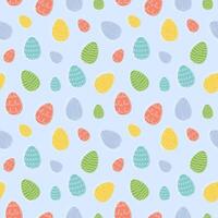 Seamless pattern of colorful Easter eggs with hand-drawn details. Continuous one line drawing. Isolated on blue background. Festive design. Easter decoration, wrapping paper, greeting, textile, print vector