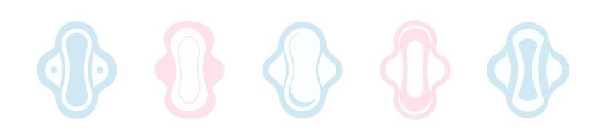 Set of sanitary pads with wings. Illustration of sanitary napkins. Feminine hygiene pads isolated on white background. Concept of menstrual care, personal hygiene. Design elements vector