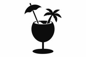 Silhouette design of a tropical cocktail glass with umbrella decoration. Icon of beach drink. Black illustration isolated on white background. Print, logo, pictogram. Concept of vacation, beach drinks vector