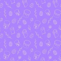 Seamless pattern of Easter eggs, Easter Kulich cakes and floral elements. Continuous one line drawing. Purple backdrop. Festive design. Easter decoration, wrapping paper, greeting, textile, print vector