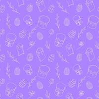 Seamless pattern of Easter eggs, Easter Kulich cakes and floral elements. Continuous one line drawing. Purple backdrop. Festive design. Easter decoration, wrapping paper, greeting, textile, print vector