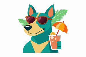 Smiling dog in sunglasses with tropical cocktail. Puppy with fruit soft drink. Concept of summer fun, leisure, vacation vibes. Isolated on white background. Print. Design element. illustration vector