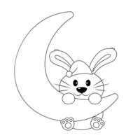 linda dibujos animados dormir Conejo en Luna en negro y blanco vector