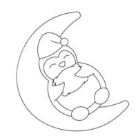 linda dibujos animados dormir pingüino en el Luna en negro y blanco vector