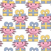 Seamless pattern with Cute Axolotl in gift box vector