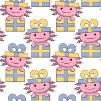 Seamless pattern with Cute Axolotl in gift box vector