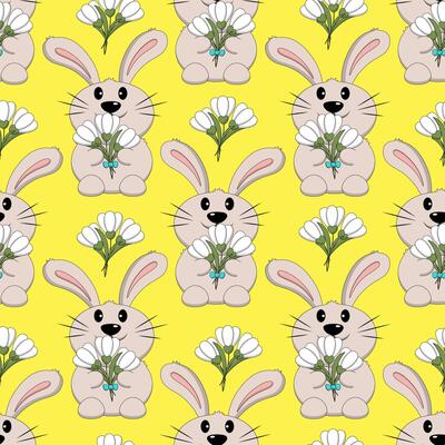 Seamless pattern with Cute Rabbit with bouquet snowdrop