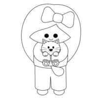 Cute cartoon girl holding cat in black and white vector