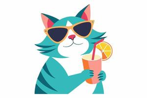 Cat in sunglasses enjoying fruit cocktail. Isolated on white. Smiling Feline with soft drink. Concept of summer vibes, exotic beverage, vacation. Print. Design element. Graphic art vector