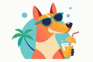 Smiling dog in sunglasses with tropical cocktail. Puppy with fruit soft drink. Concept of summer fun, leisure, vacation vibes. Isolated on white background. Print. Design element. Art vector