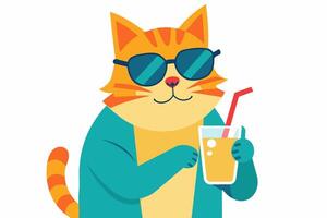 Cat in sunglasses enjoying fruit cocktail. Isolated on white background. Smiling Feline with soft drink. Concept of summer vibes, exotic beverage, vacation. Print. Design element. Graphic illustration vector