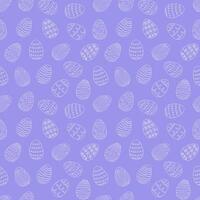 Seamless pattern of white Easter eggs with hand-drawn details. Continuous one line drawing. Isolated on purple backdrop. Festive design. For Easter decoration, wrapping paper, greeting, textile, print vector