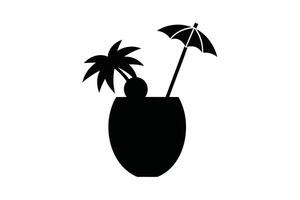 silueta diseño de un tropical cóctel vaso con paraguas decoración. icono de playa beber. negro ilustración aislado en blanco antecedentes. imprimir, logo, pictograma. concepto de vacaciones, playa bebidas vector