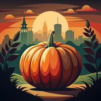 Scenic landscape featuring a vibrant orange pumpkin. Stylized gourd illustration. Concept of picturesque autumn, harvest celebration, natural scenery, and peacefulness. vector