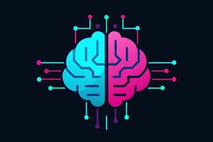 Futuristic brain in neon colors. Glowing brain in network setting. Concept of artificial intelligence, human intelligence, brainpower. Isolated on black background. Print. Design. Graphic art vector