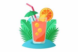 Refreshing tropical cocktail isolated on white background. Vibrant fruit drink in floral setting. Concept of summer drinks, exotic beverages, leisure. Design element. Print. Simple illustration. vector