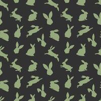 Easter seamless pattern of green rabbit silhouettes in different actions. Festive Easter bunnies design. Isolated on black backdrop. For Easter decoration, wrapping paper, greeting, textile, print vector