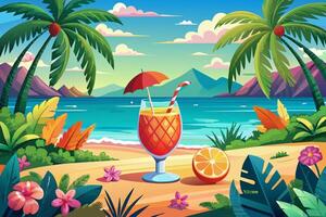 Refreshing tropical cocktail against tropical ocean background. Vibrant drink in natural setting. Concept of summer drinks, refreshing beverages, exotic cocktails, leisure. Graphic art vector