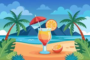 Refreshing tropical cocktail against tropical ocean background. Vibrant drink in natural setting. Concept of summer drinks, refreshing beverages, exotic cocktails, leisure. Graphic illustration vector