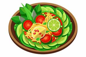 Thai Som Tum with fresh shrimp in a bowl. Thai salad. Concept of authentic Asian cuisine, traditional dish. Graphic illustration. Isolated on white background. Top view vector