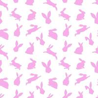 Easter seamless pattern of pink rabbit silhouettes in different actions. Festive Easter bunnies design. Isolated on white background. For Easter decoration, wrapping paper, greeting, textile, print vector