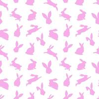 Easter seamless pattern of pink rabbit silhouettes in different actions. Festive Easter bunnies design. Isolated on white background. For Easter decoration, wrapping paper, greeting, textile, print vector