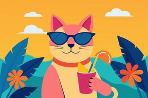 Cat in sunglasses enjoying fruit cocktail in tropical setting. Smiling Feline with soft drink. Concept of summer vibes, refreshing drink, exotic beverage, vacation. Design. Print. Graphic illustration vector