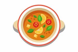Thai Tom Yum soup with prawns, mushrooms, fresh herbs. Aromatic spicy broth. Concept Asian culinary, Thai cuisine, exotic dining, traditional dish. Graphic art. Isolated on white backdrop. Top view vector