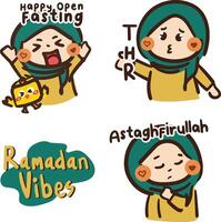 Illustration Little Girl Activities in Fasting Month Set Ramadan Vibes vector